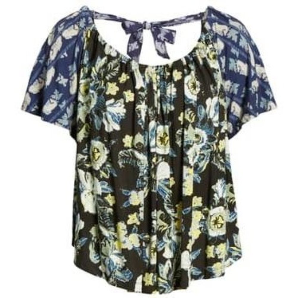 Free People Baja Babe Cold Shoulder Top Black Small Floral Cutout